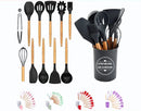 Jogo 12 Utensílios de Cozinha Cabo Madeira com Suporte